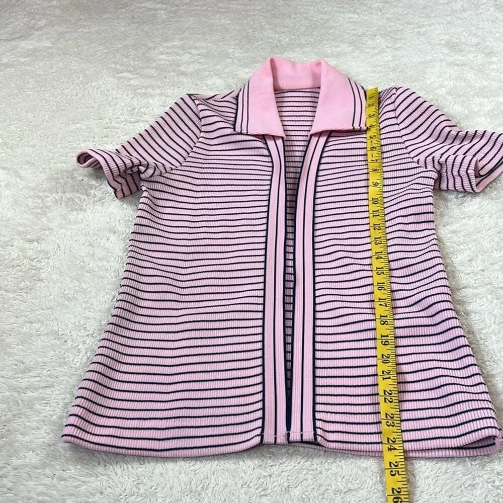 Vintage 60s 70s Striped‎ Knit Dress and Cardigan Set Pink Navy Size 16